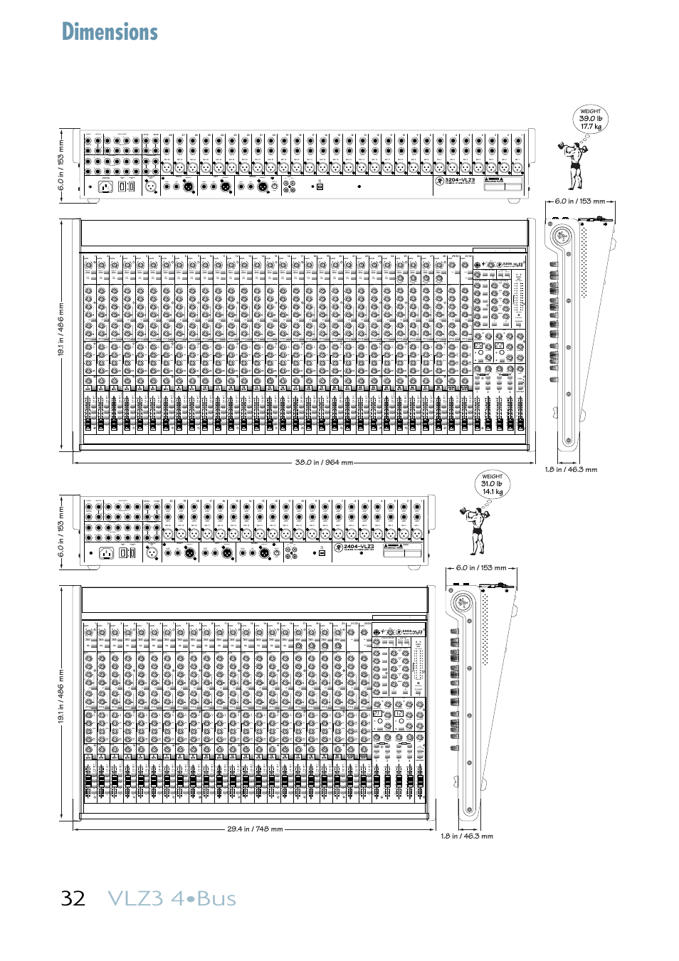 Dimensions, 32 vlz3 4•bus | MACKIE VLZ3 4BUS User Manual | Page 32 / 39