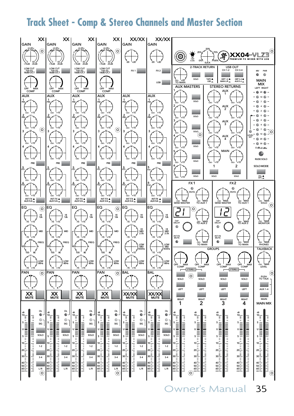 Owner's manual 35, Xx04, Xx xx/xx xx/xx xx xx xx | Xx/xx, Gain, Stereo returns aux masters, Main mix | MACKIE VLZ3 4BUS User Manual | Page 35 / 39