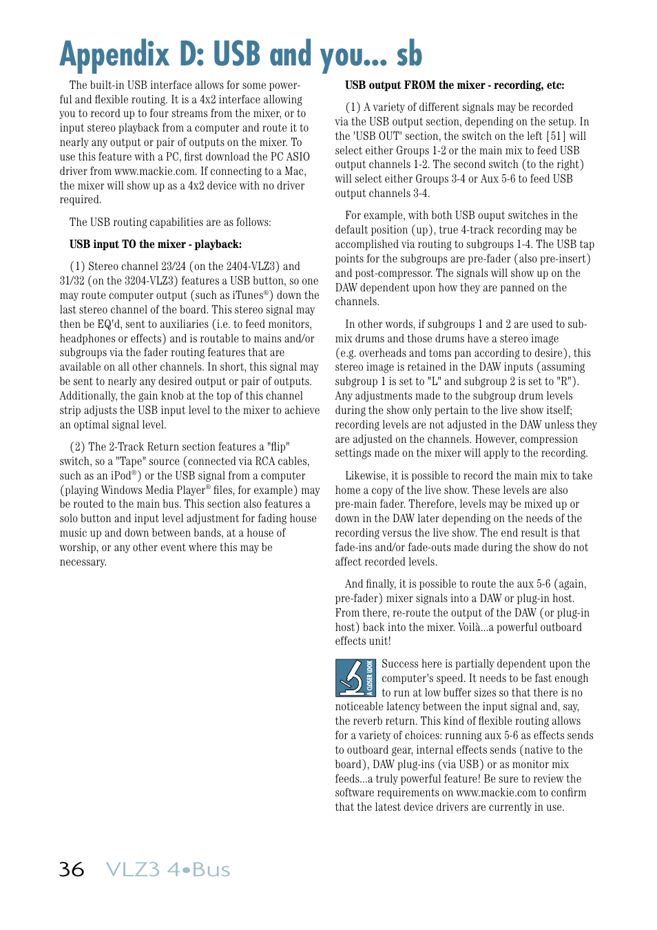 Appendix d: usb and you... sb, 36 vlz3 4•bus | MACKIE VLZ3 4BUS User Manual | Page 36 / 39