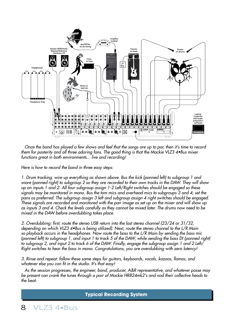 8vlz3 4•bus, Typical recording system, Out in | Main out insert line, Power on phantom on, Aux inserts aux sends, Stereo returns, Insert, Group outs group inserts, Monitor phones monitor | MACKIE VLZ3 4BUS User Manual | Page 8 / 39