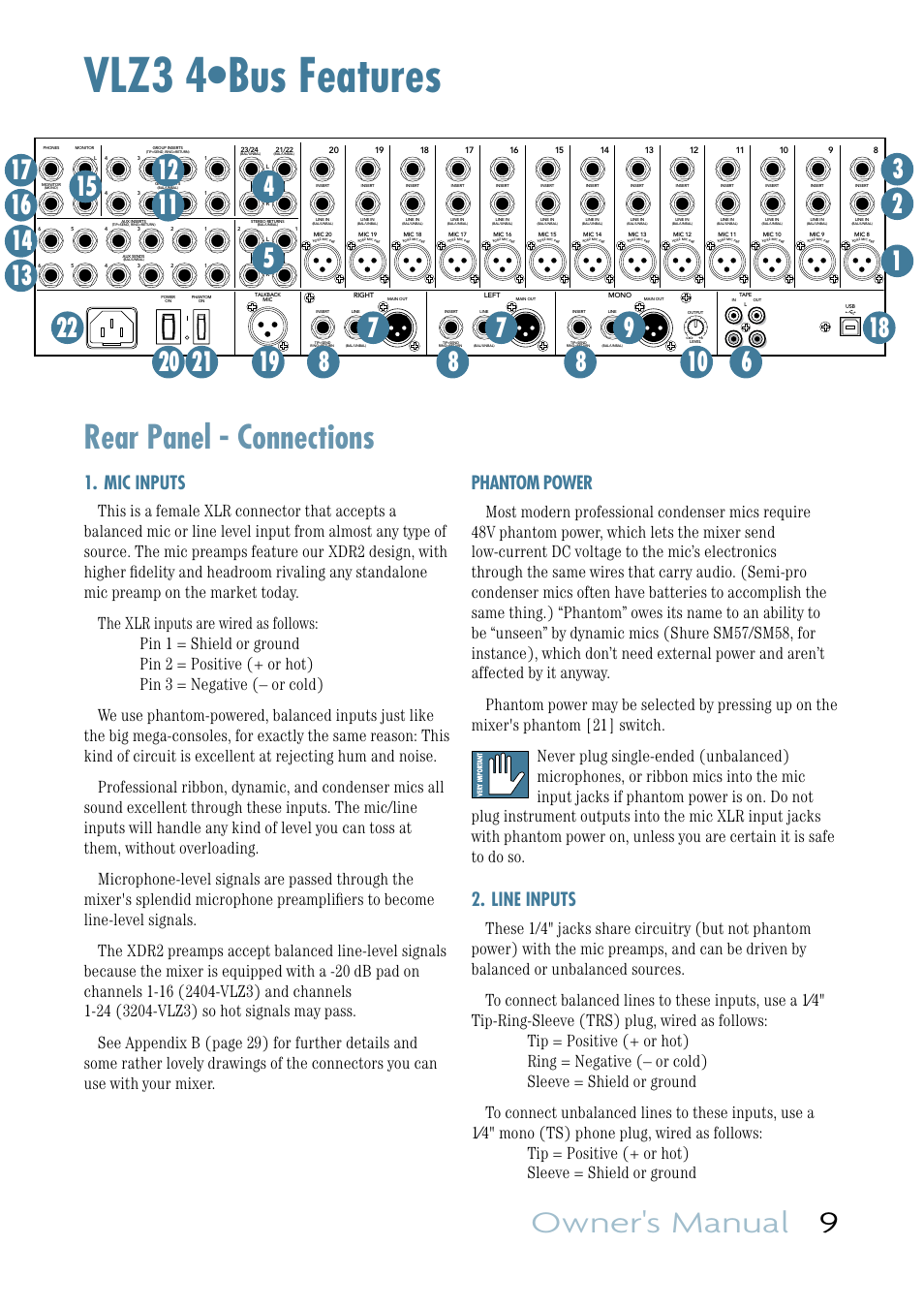 Vlz3 4•bus features, Rear panel - connections, Owner's manual 9 | Mic inputs, Phantom power, Line inputs | MACKIE VLZ3 4BUS User Manual | Page 9 / 39