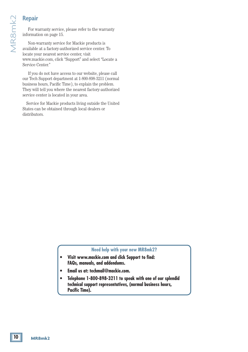 Mr8mk2, Repair | MACKIE MR8MK2 User Manual | Page 10 / 16