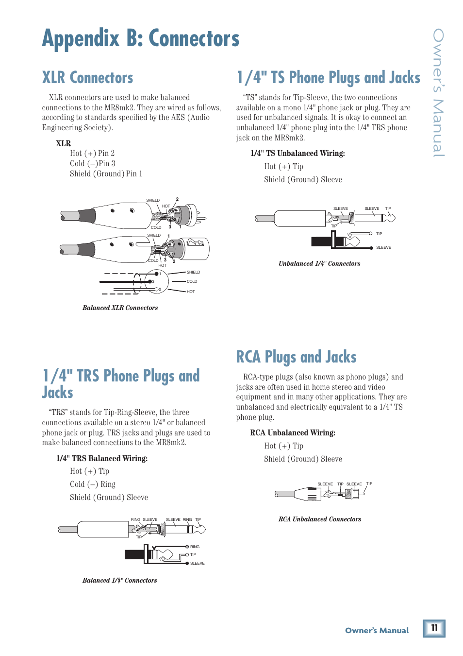 Appendix b: connectors, Xlr connectors, 1/4" trs phone plugs and jacks | 1/4" ts phone plugs and jacks, Rca plugs and jacks, Owner’ s manual | MACKIE MR8MK2 User Manual | Page 11 / 16