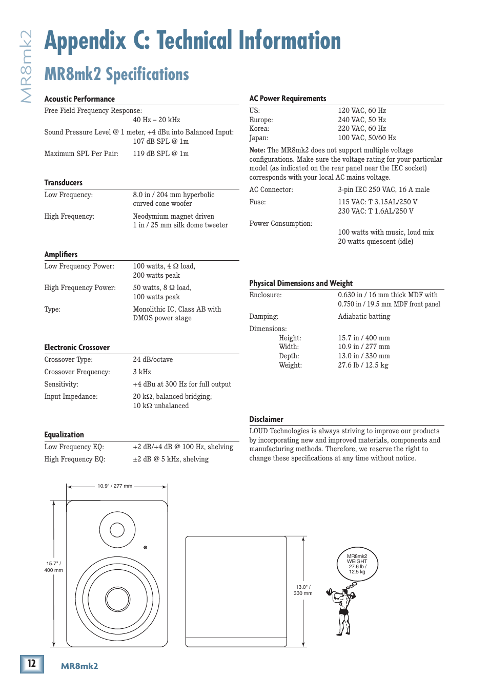 Appendix c: technical information, Mr8mk2 specifications, Mr8mk2 | MACKIE MR8MK2 User Manual | Page 12 / 16