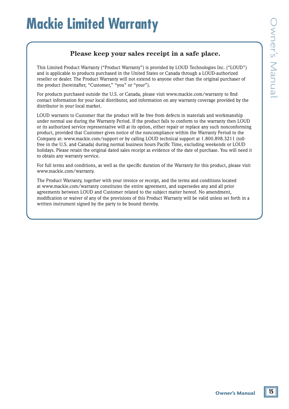 Mackie limited warranty, Owner’ s manual | MACKIE MR8MK2 User Manual | Page 15 / 16