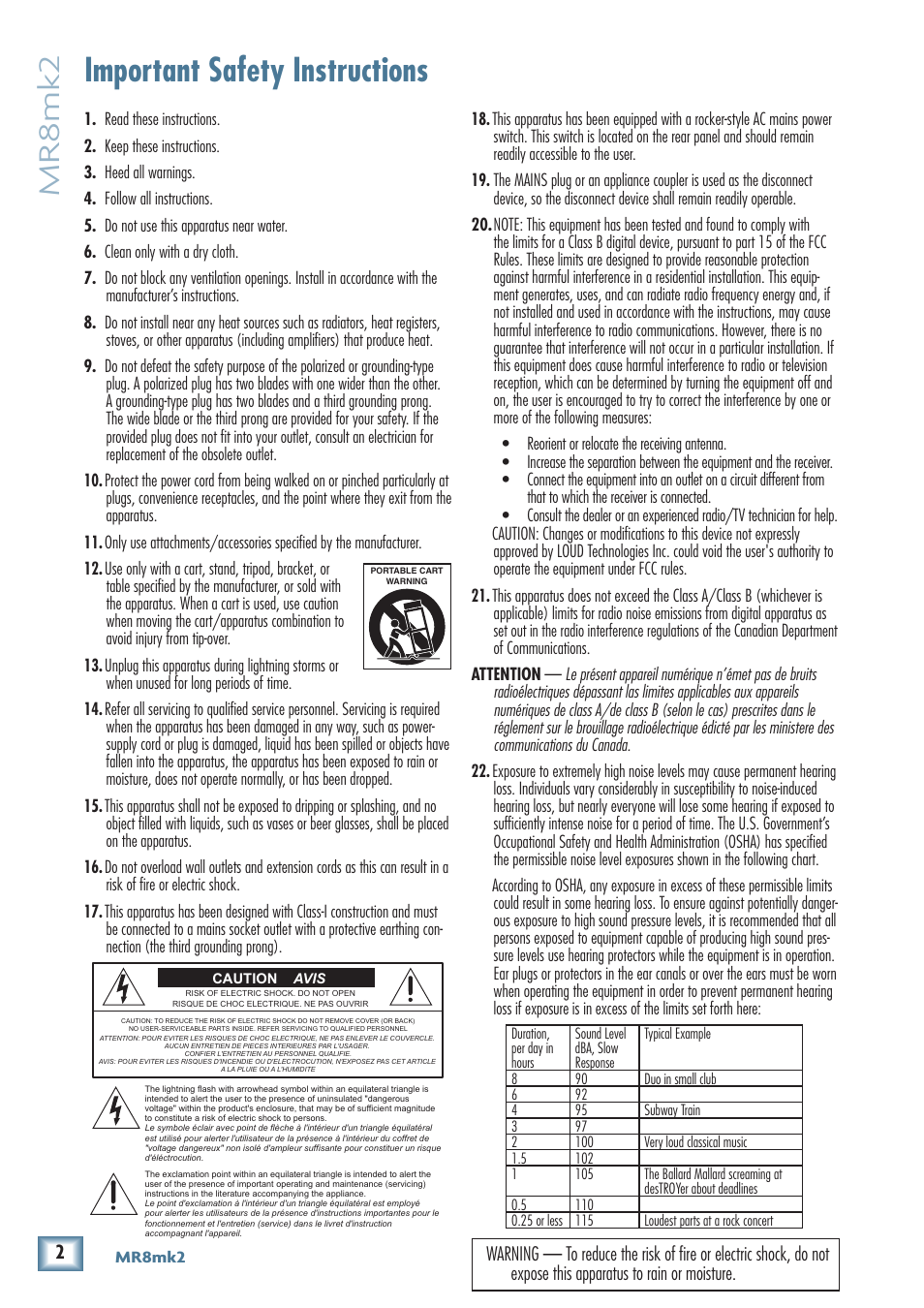 Important safety instructions, Mr8mk2 | MACKIE MR8MK2 User Manual | Page 2 / 16