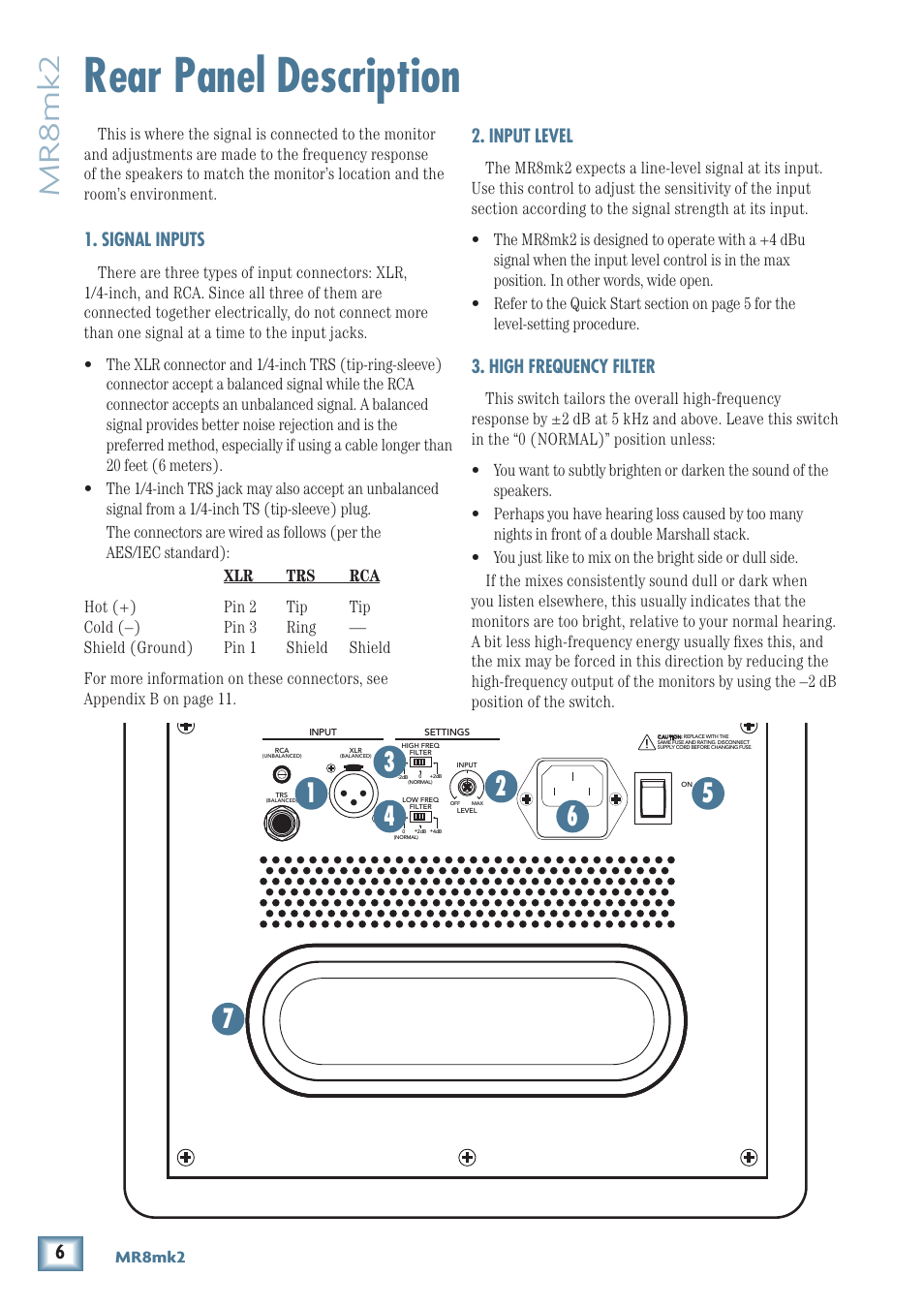 Rear panel description, Mr8mk2, Input level | High frequency filter, Signal inputs | MACKIE MR8MK2 User Manual | Page 6 / 16