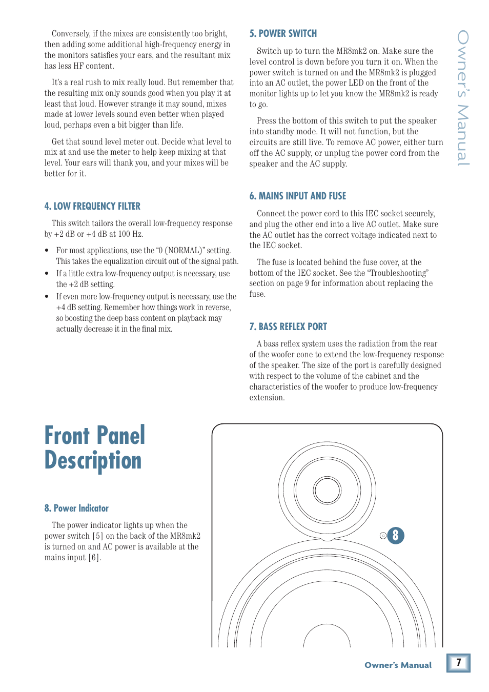 Front panel description, Owner’ s manual | MACKIE MR8MK2 User Manual | Page 7 / 16