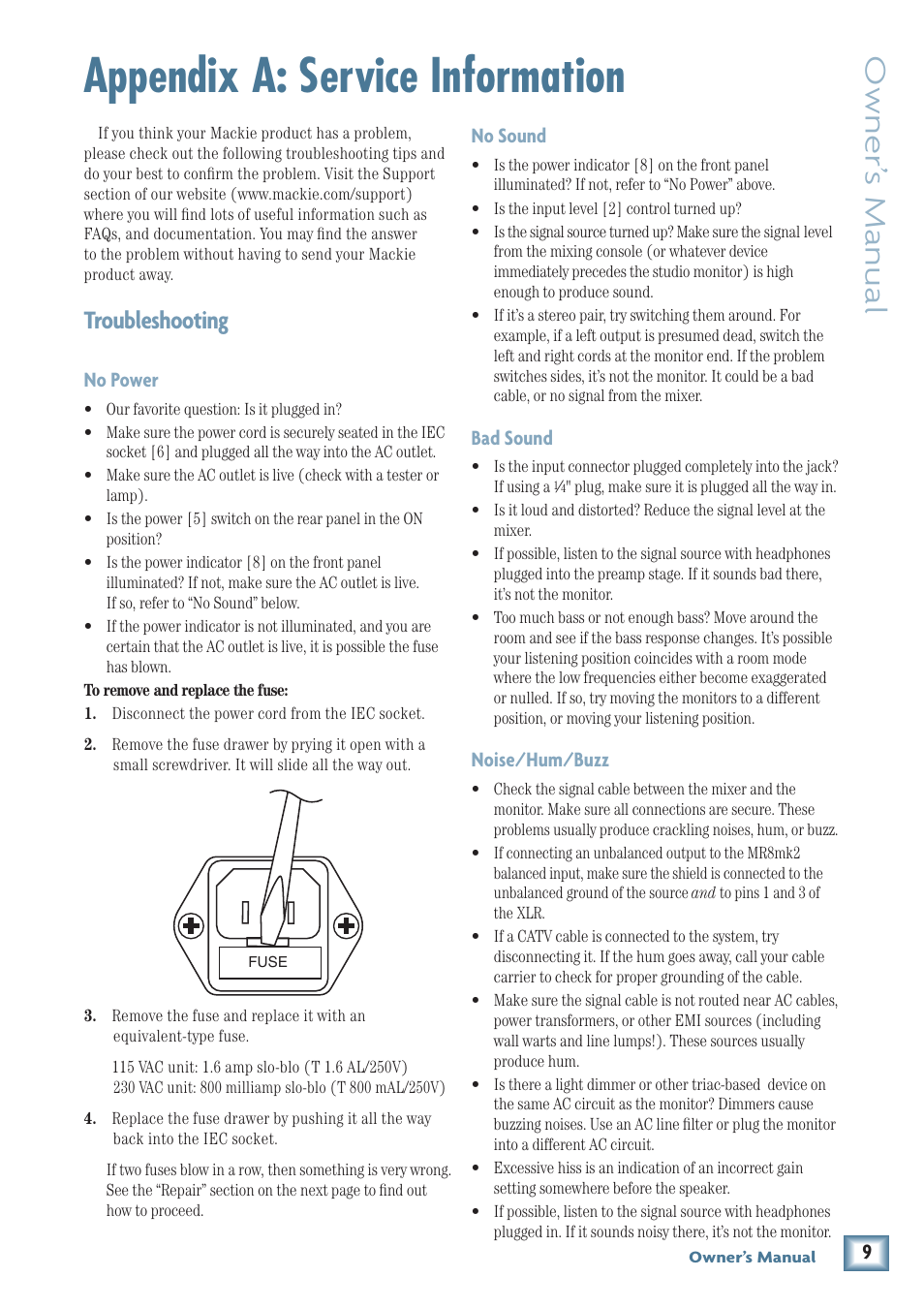 Appendix a: service information, Owner’ s manual, Troubleshooting | No sound, Bad sound, Noise/hum/buzz, No power | MACKIE MR8MK2 User Manual | Page 9 / 16