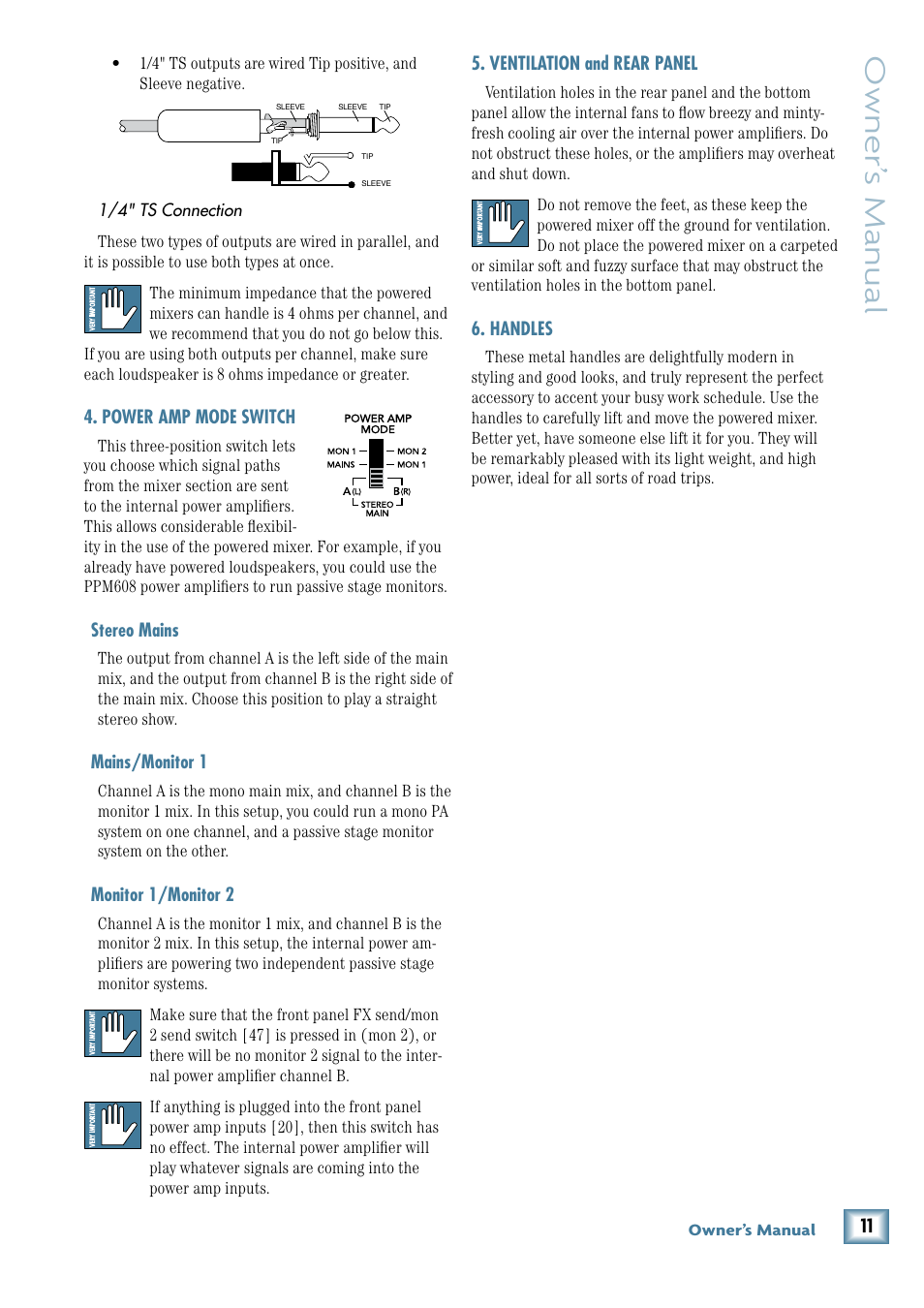 Power amp mode switch, Ventilation and rear panel, Handles | Owner’ s manual | MACKIE 8-Channel User Manual | Page 11 / 32