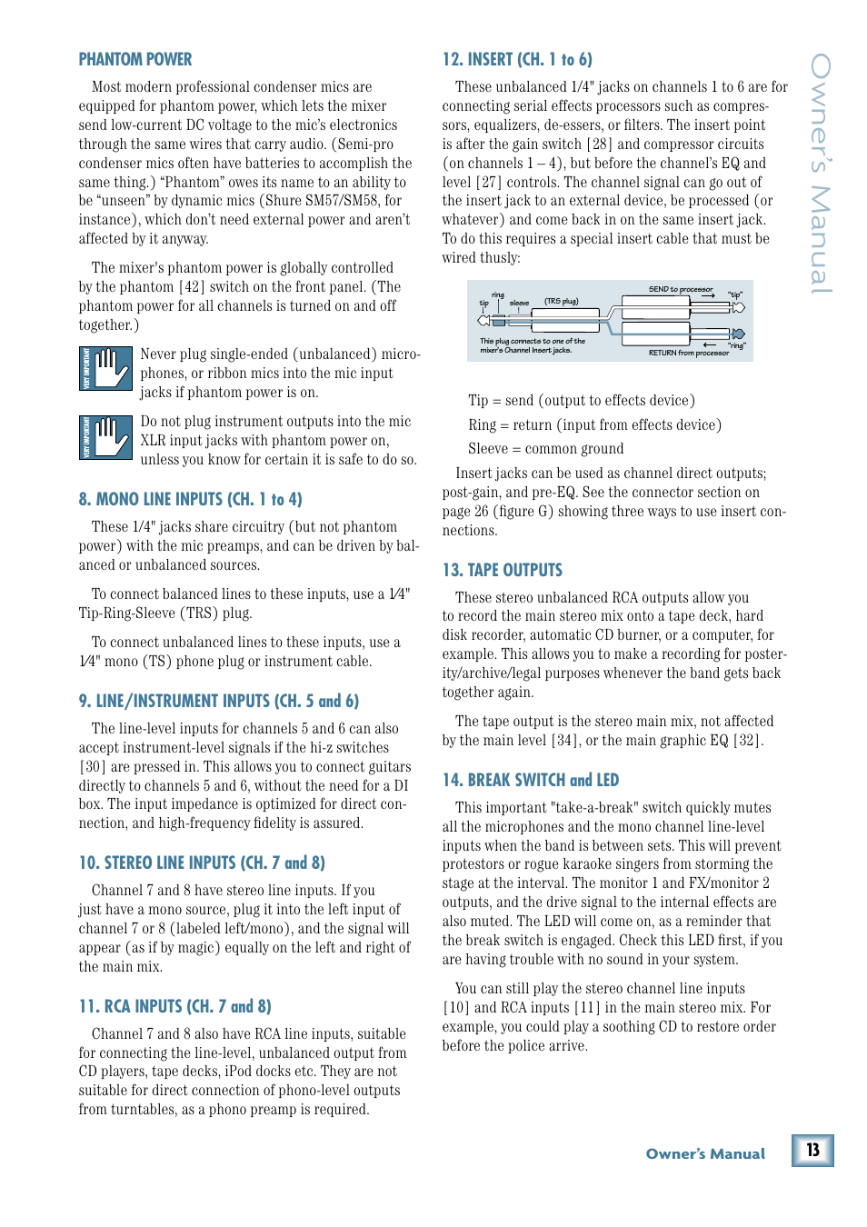 Mono line inputs (ch. 1 to 4), Line/instrument inputs (ch. 5 and 6), Stereo line inputs (ch. 7 and 8) | Rca inputs (ch. 7 and 8), Insert (ch. 1 to 6), Tape outputs, Break switch and led, Owner’ s manual | MACKIE 8-Channel User Manual | Page 13 / 32