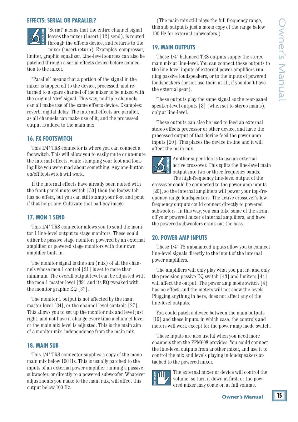 Fx footswitch, Mon 1 send, Main sub | Main outputs, Power amp inputs, Owner’ s manual | MACKIE 8-Channel User Manual | Page 15 / 32