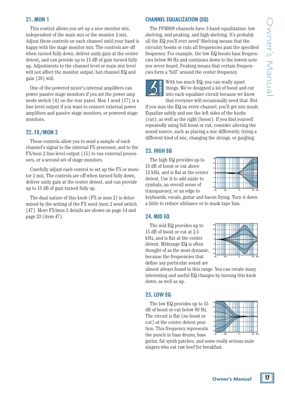 Mon 1, Fx/mon 2, High eq | Mid eq, Low eq, Owner’ s manual, Channel equalization (eq), Owner’s manual | MACKIE 8-Channel User Manual | Page 17 / 32