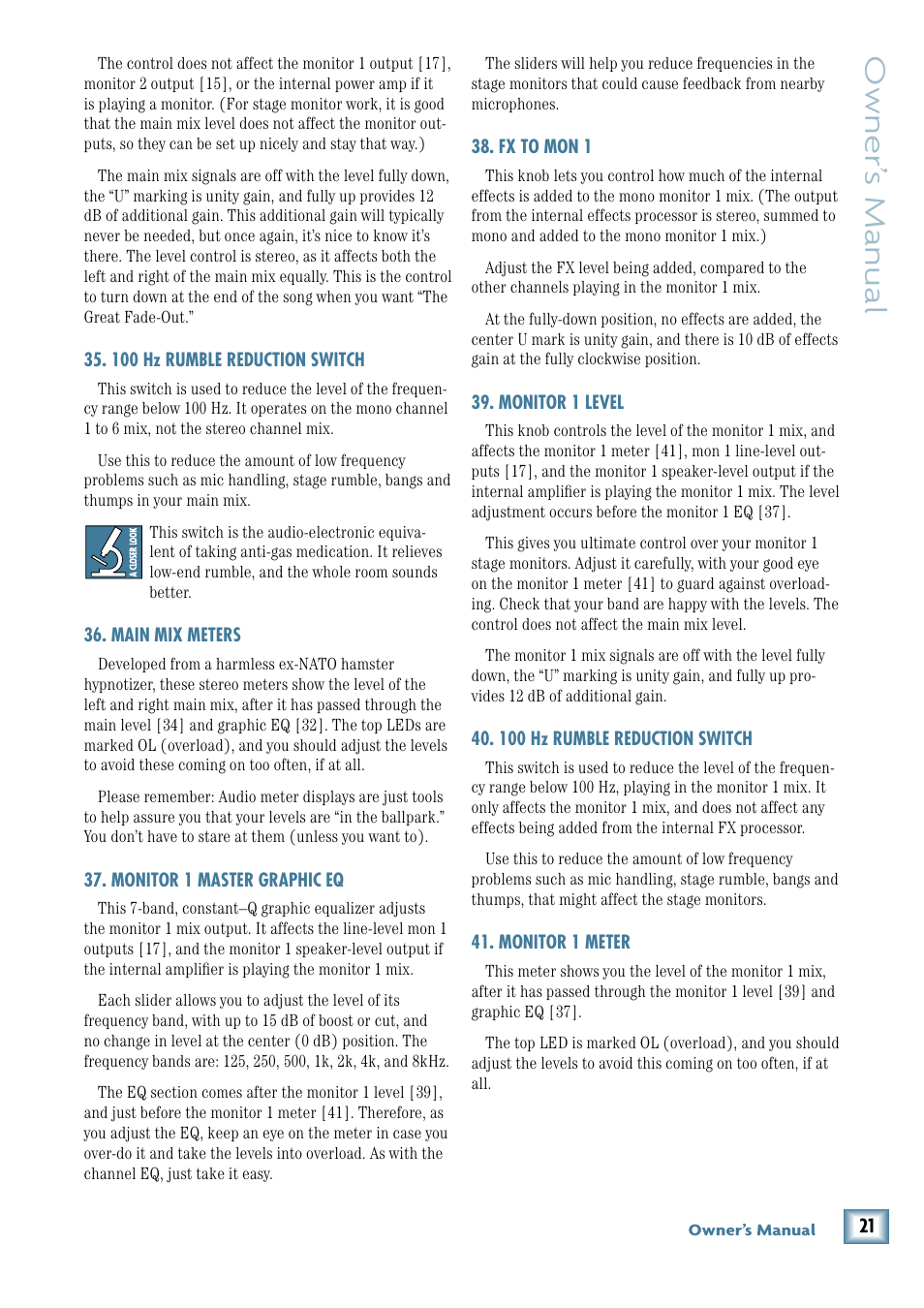 100 hz rumble reduction switch, Main mix meters, Monitor 1 master graphic eq | Fx to mon 1, Monitor 1 level, Monitor 1 meter, Owner’ s manual | MACKIE 8-Channel User Manual | Page 21 / 32