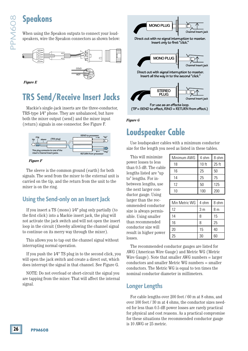 Loudspeaker cable, Speakons, Trs send/receive insert jacks | Ppm608, Longer lengths, Using the send-only on an insert jack | MACKIE 8-Channel User Manual | Page 26 / 32