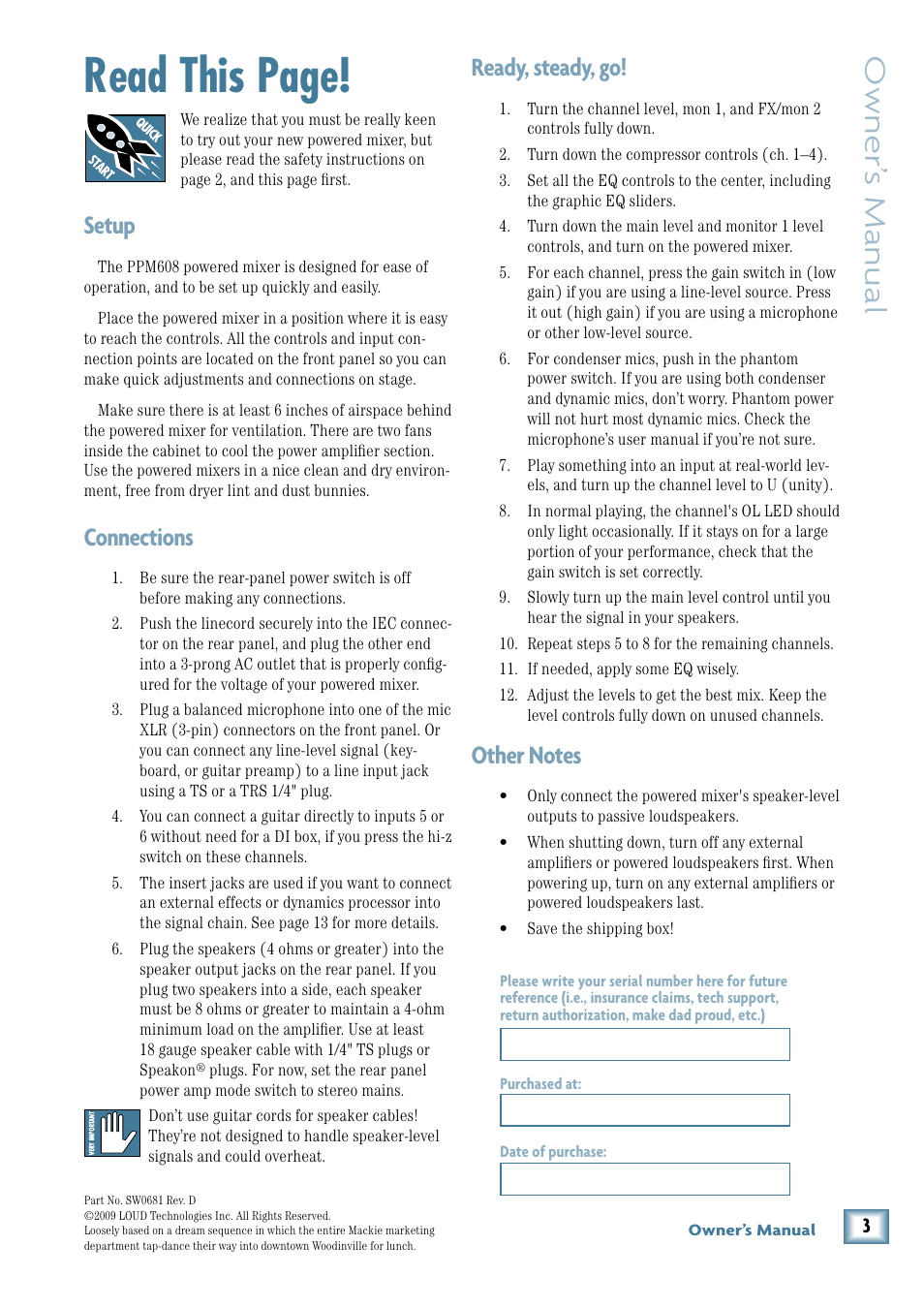 Read this page, Owner’ s manual, Ready, steady, go | Setup, Connections | MACKIE 8-Channel User Manual | Page 3 / 32