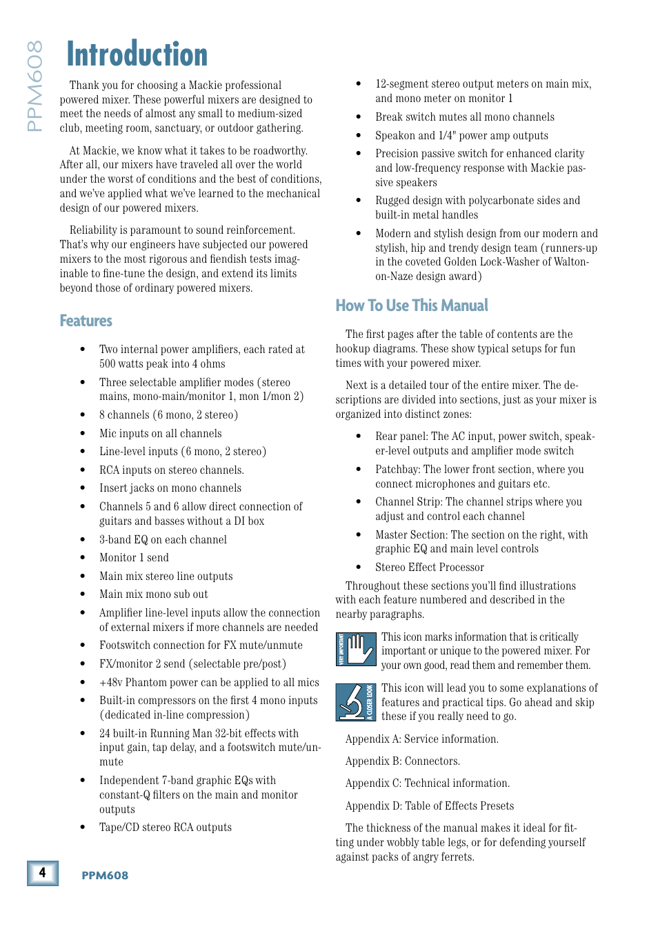 Introduction, Ppm608, Features | How to use this manual | MACKIE 8-Channel User Manual | Page 4 / 32