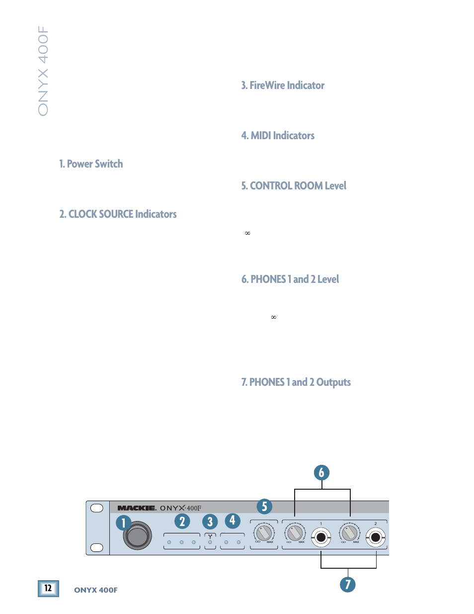 Onyx 400f features, Front panel, Power switch | Clock source indicators, Firewire indicator, Midi indicators, Control room level, Phones 1 and 2 level, Phones 1 and 2 output, Phones 1 and 2 outputs | MACKIE 400F User Manual | Page 12 / 36