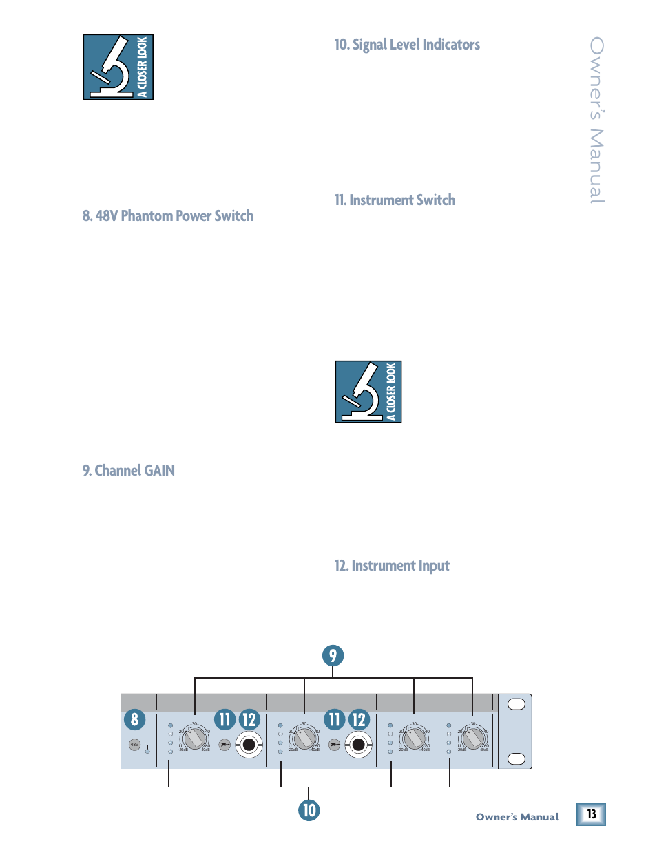 48v phantom power switch, Channel gain, Signal level indicators | Instrument switch, Instrument input, Owner’ s manual, Owner’s manual | MACKIE 400F User Manual | Page 13 / 36
