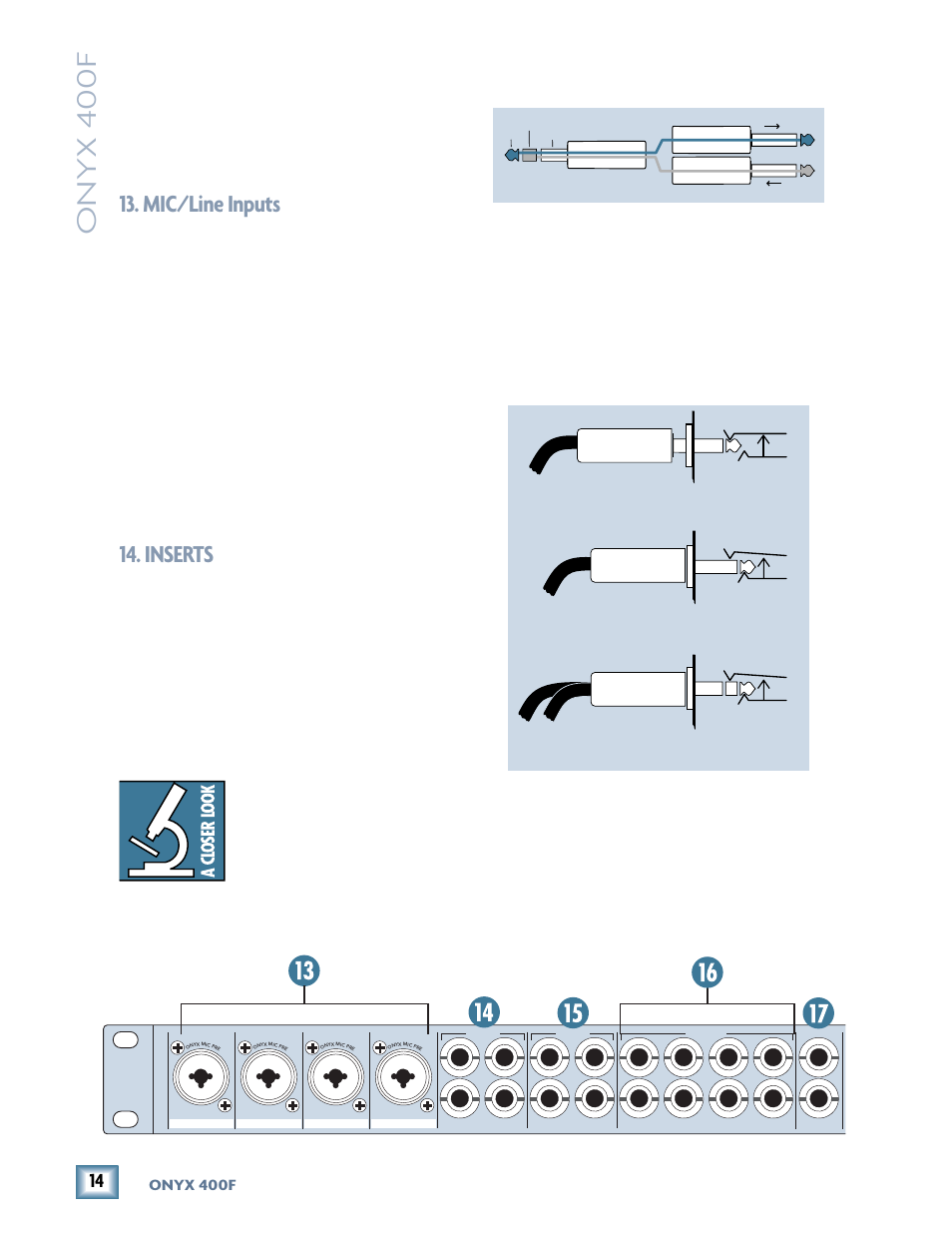 Rear panel, Mic/line inputs, Inserts | Onyx 400f | MACKIE 400F User Manual | Page 14 / 36
