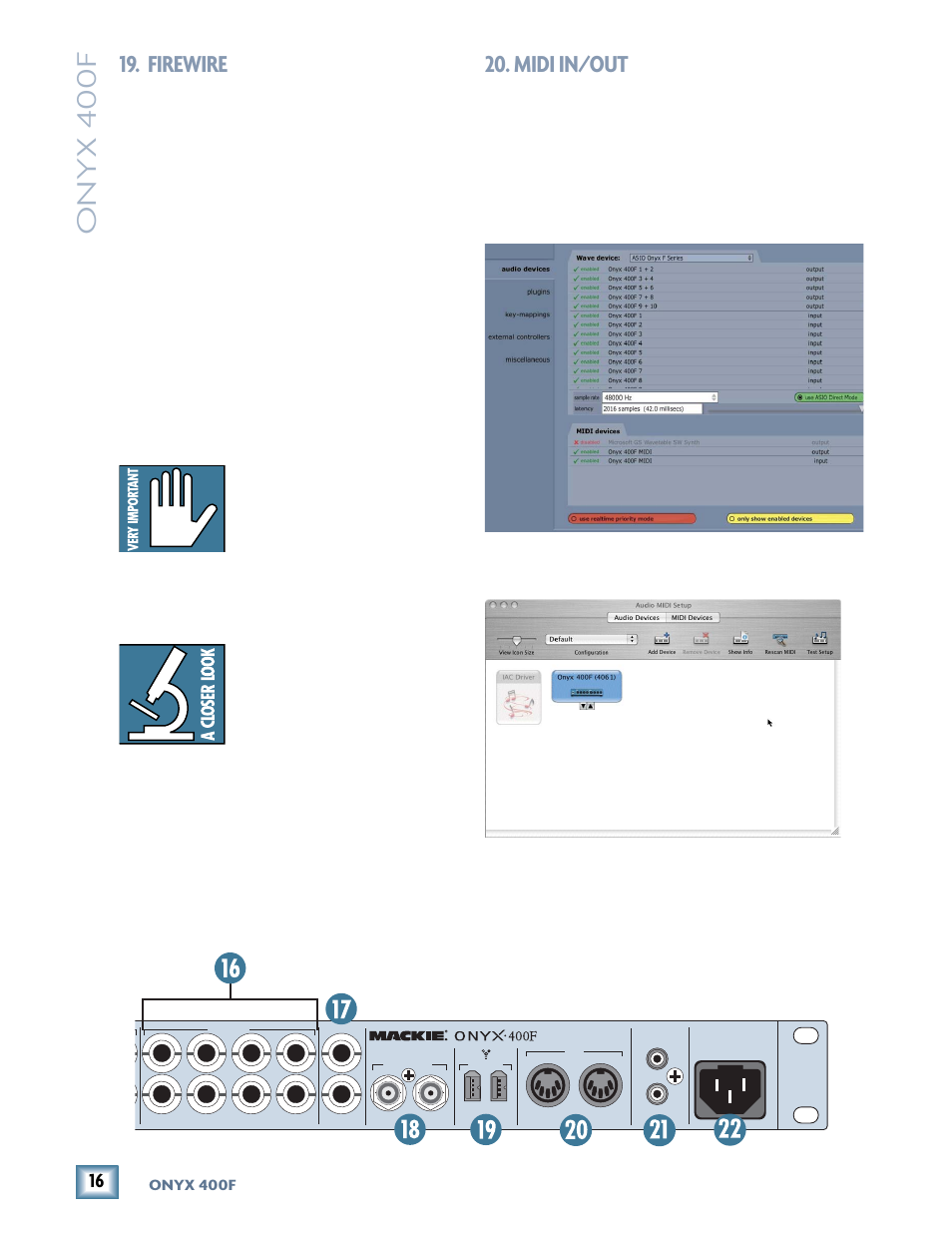 Firewire, Midi in/out, Onyx 400f | MACKIE 400F User Manual | Page 16 / 36