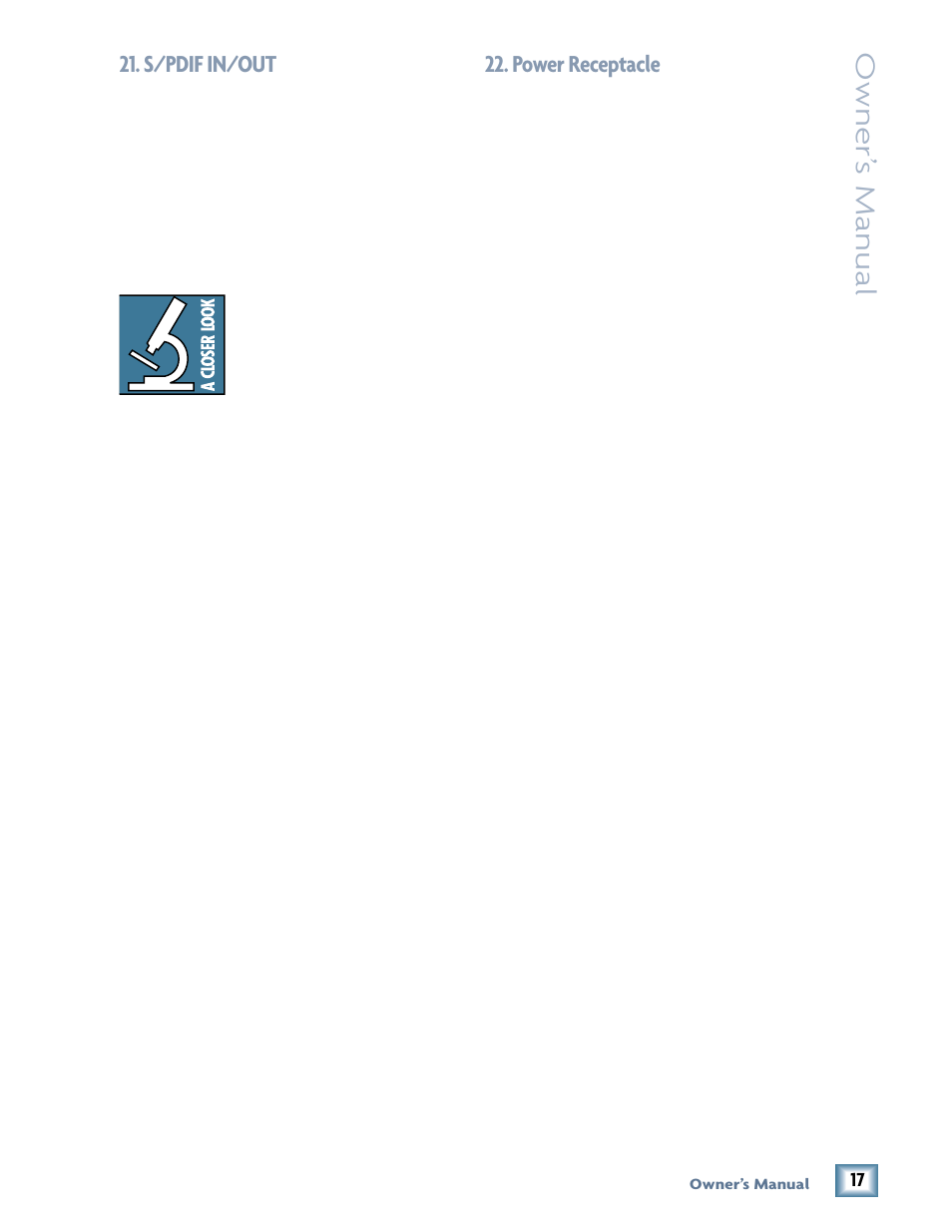 S/pdif in/out, Power receptacle, Owner’ s manual | MACKIE 400F User Manual | Page 17 / 36