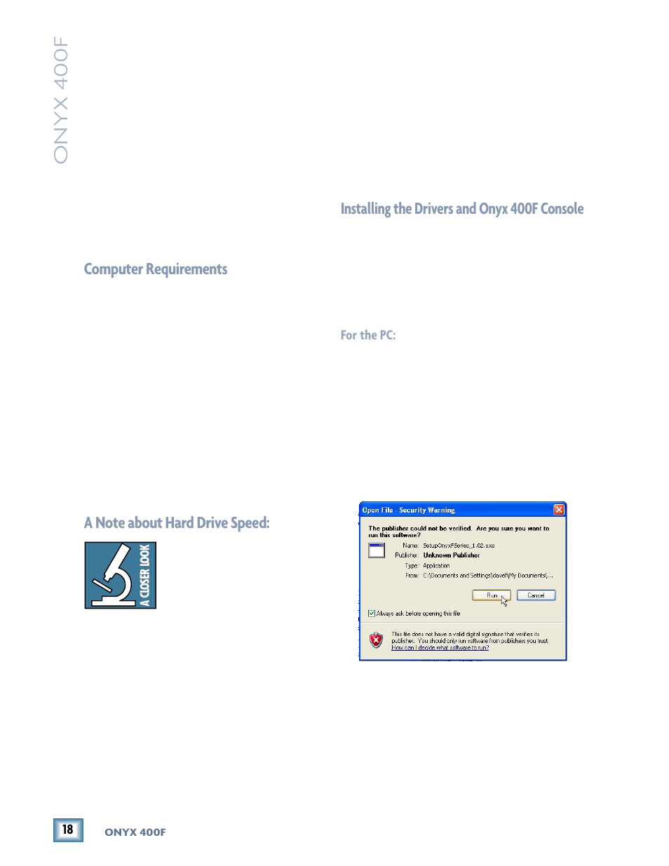 Onyx 400f console, Installing the software, Computer requirements | A note about hard drive speed, Installing the drivers and onyx 400f console, Onyx 400f | MACKIE 400F User Manual | Page 18 / 36