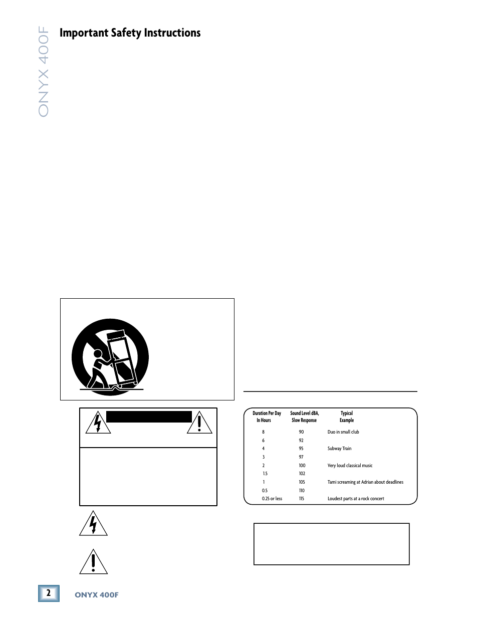 Important safety instructions, Caution avis, Onyx 400f | MACKIE 400F User Manual | Page 2 / 36
