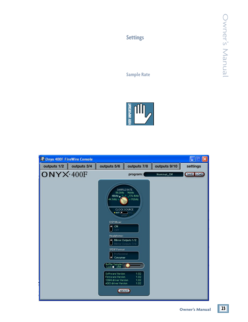 Using the onyx 400f console, Settings, Owner’ s manual | MACKIE 400F User Manual | Page 23 / 36