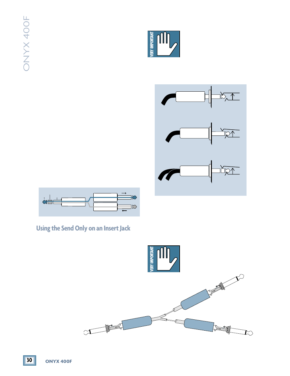 Trs send/receive insert jacks, Mults and “y”s, Onyx 400f | Using the send only on an insert jack | MACKIE 400F User Manual | Page 30 / 36