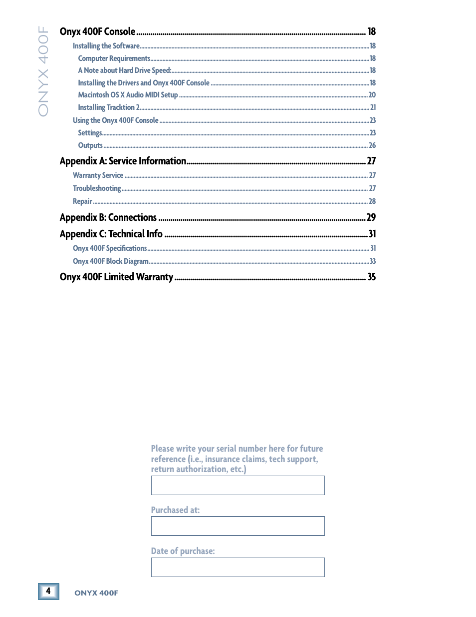 Onyx 400f, Onyx 400f console, Appendix a: service information | Appendix b: connections appendix c: technical info, Onyx 400f limited warranty | MACKIE 400F User Manual | Page 4 / 36