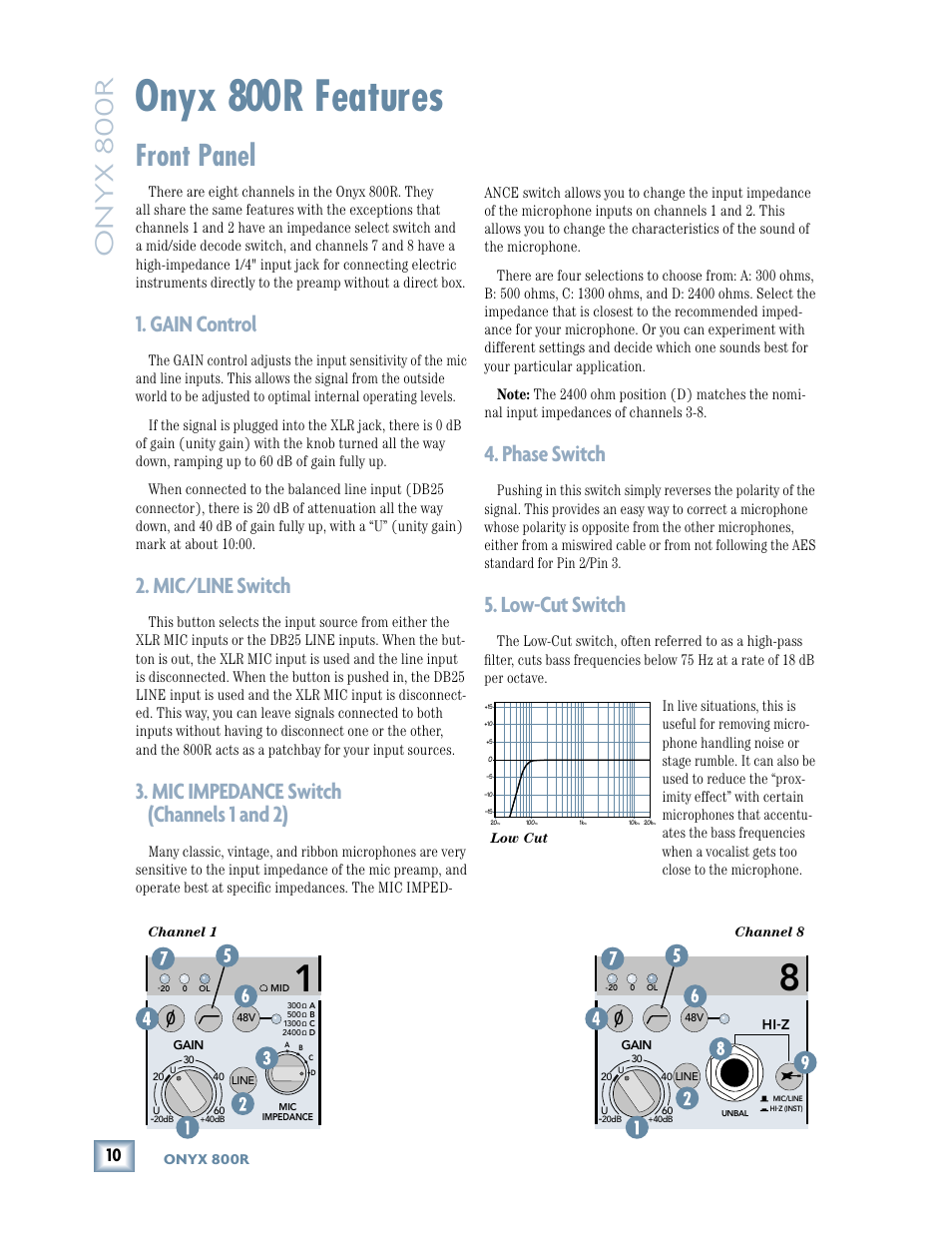 Onyx 800r features, Front panel, Gain control | Mic/line switch, Mic impedance switch (channels 1 and 2), Phase switch, Low-cut switch, Onyx 800r | MACKIE 800R User Manual | Page 10 / 24