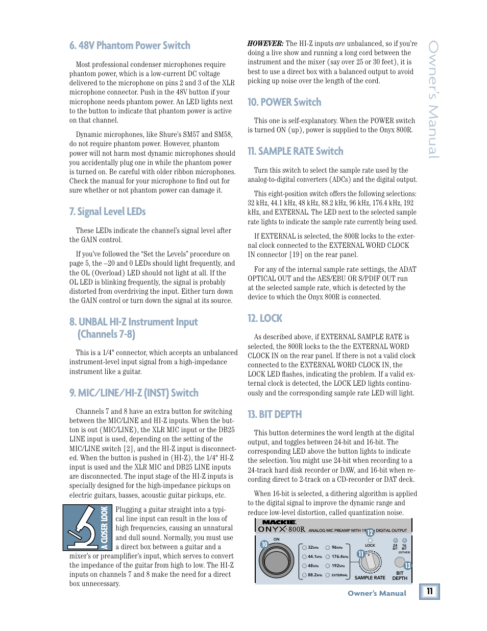 48v phantom power switch, Signal level leds, Unbal hi-z instrument input (channels 7-8) | Mic/line/hi-z (inst) switch, Power switch, Sample rate switch, Lock, Bit depth, Owner ’s manual | MACKIE 800R User Manual | Page 11 / 24