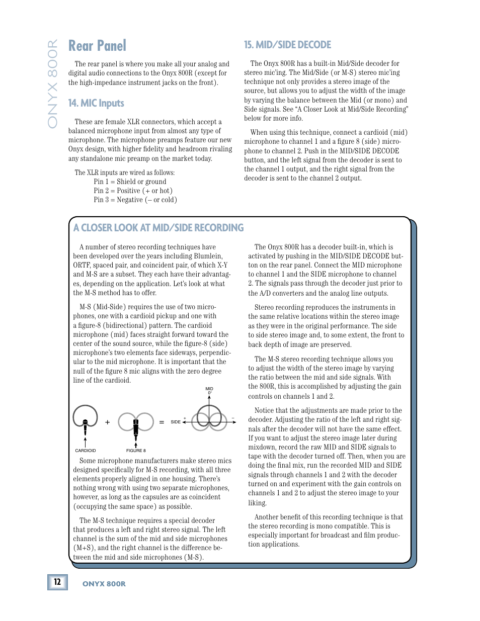 Rear panel, Mic inputs, Mid/side decode | Onyx 800r, A closer look at mid/side recording | MACKIE 800R User Manual | Page 12 / 24