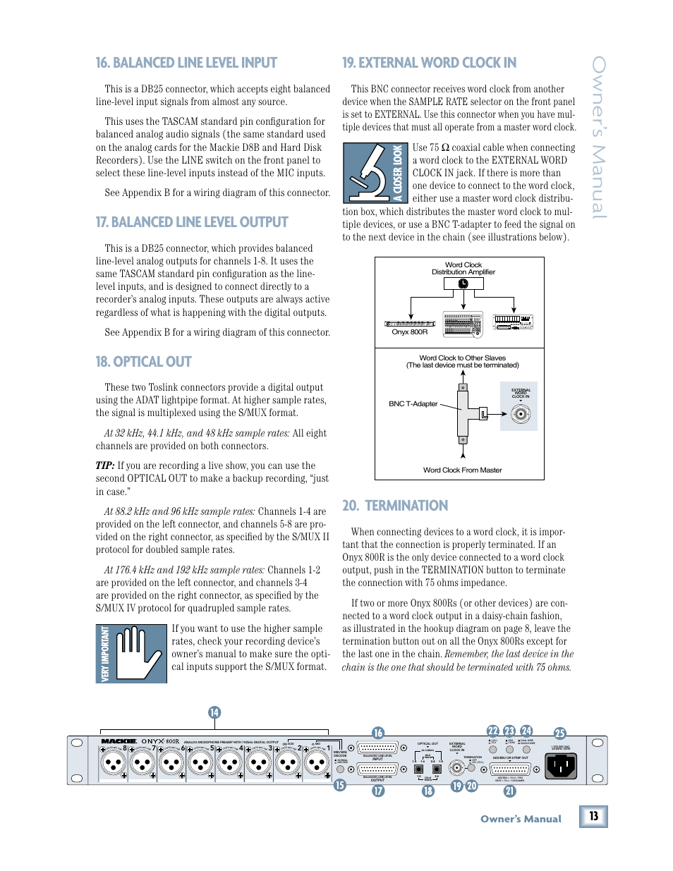 Balanced line level input, Balanced line level output, Optical out | External word clock in, Termination, Owner’ s manual, Owner’s manual | MACKIE 800R User Manual | Page 13 / 24