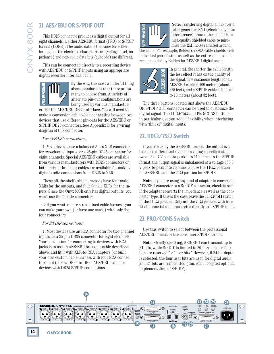 Aes/ebu or s/pdif out, 110 /75 switch, Pro/cons switch | Onyx 800r | MACKIE 800R User Manual | Page 14 / 24