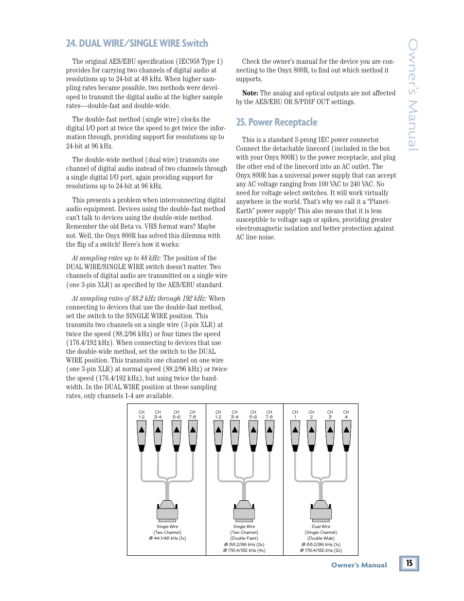 Dual wire/single wire switch, Power receptacle, Owner ’s manual | MACKIE 800R User Manual | Page 15 / 24