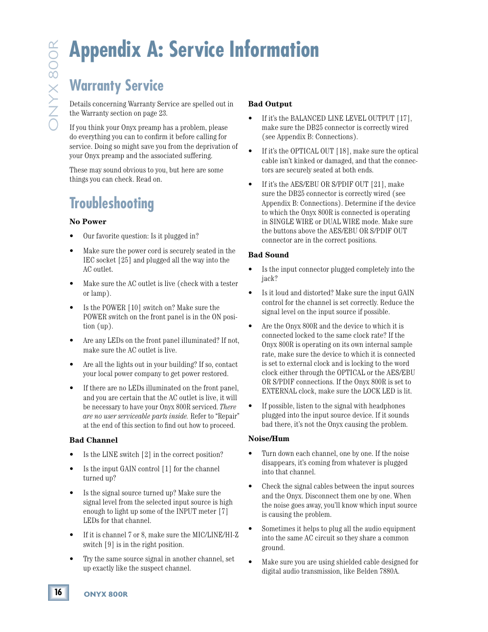 Appendix a: service information, Warranty service, Troubleshooting | Onyx 800r | MACKIE 800R User Manual | Page 16 / 24