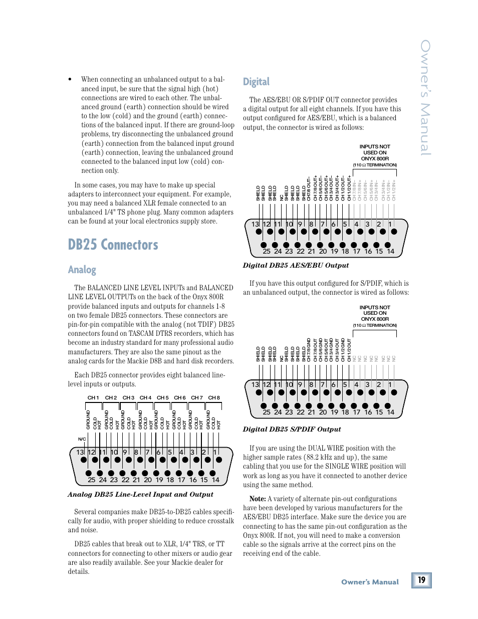 Db25 connectors, Owner ’s manual, Analog | Digital, Owner’s manual | MACKIE 800R User Manual | Page 19 / 24