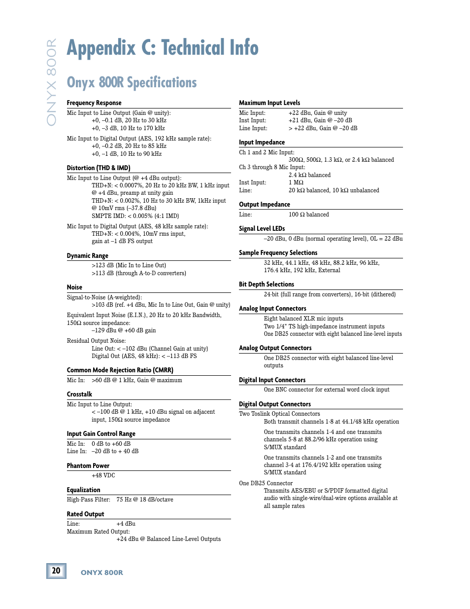 Appendix c: technical info, Onyx 800r specifications, Onyx 800r speciﬁ cations | Onyx 800r specifi cations, Onyx 800r | MACKIE 800R User Manual | Page 20 / 24