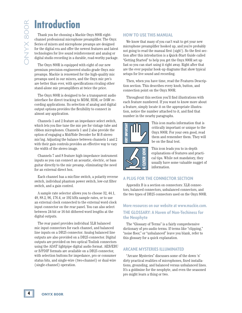 Introduction, Onyx 800r | MACKIE 800R User Manual | Page 4 / 24