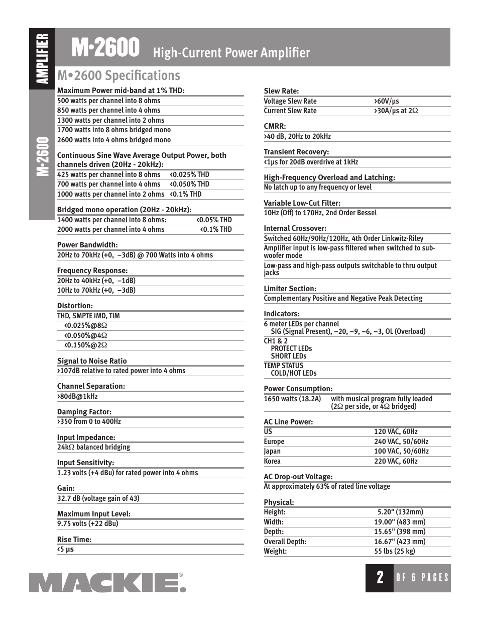 M•2600, High-current power amplifier, Amplifier | M•2600 specifications | MACKIE M2600 User Manual | Page 2 / 6