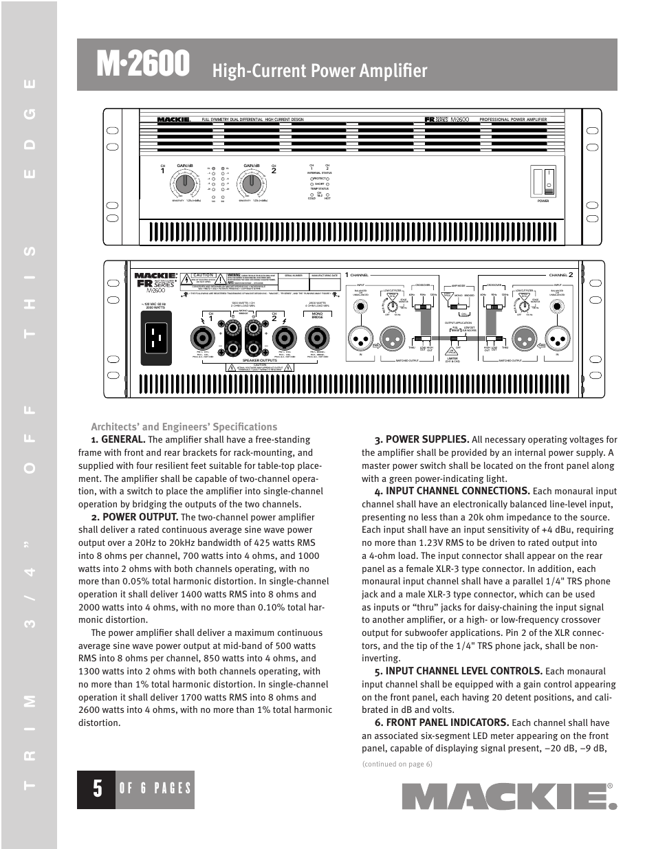 M•2600, High-current power amplifier, Amplifier | Of 6 pages, Power output, Power supplies, Input channel connections, Input channel level controls, Front panel indicators | MACKIE M2600 User Manual | Page 5 / 6