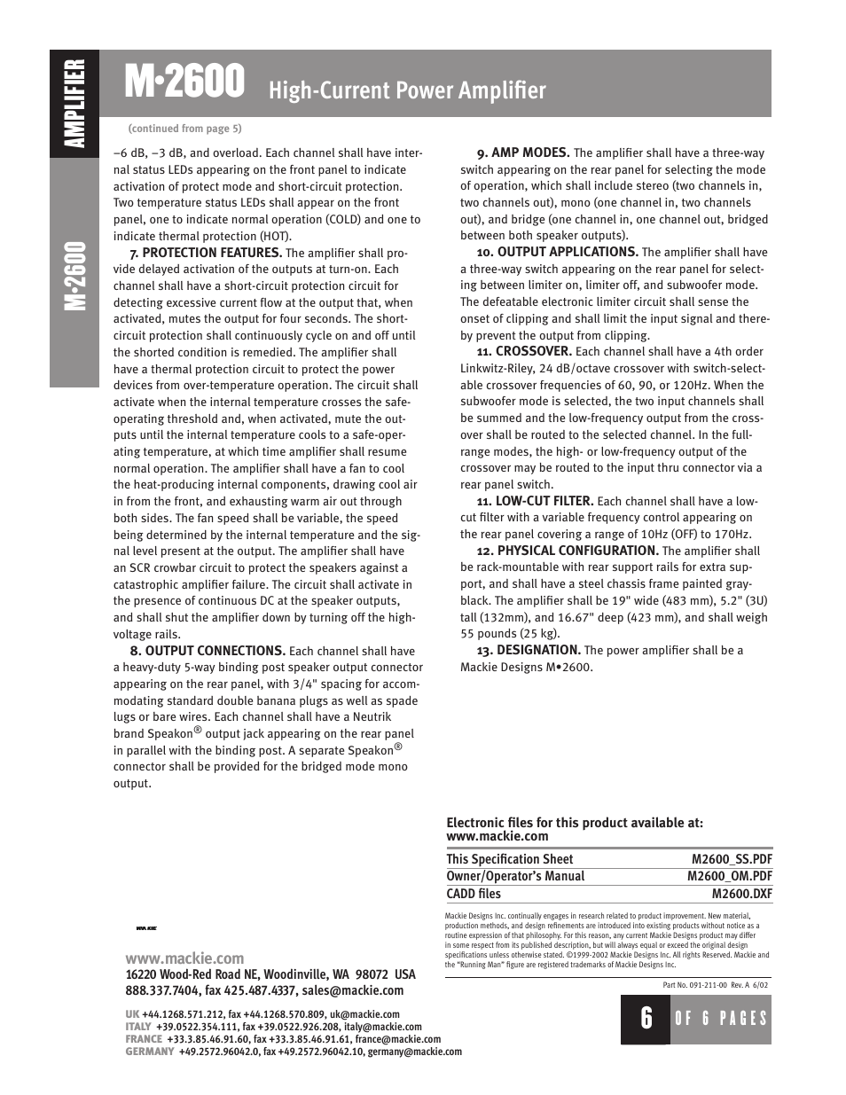 M•2600, High-current power amplifier, Amplifier | MACKIE M2600 User Manual | Page 6 / 6