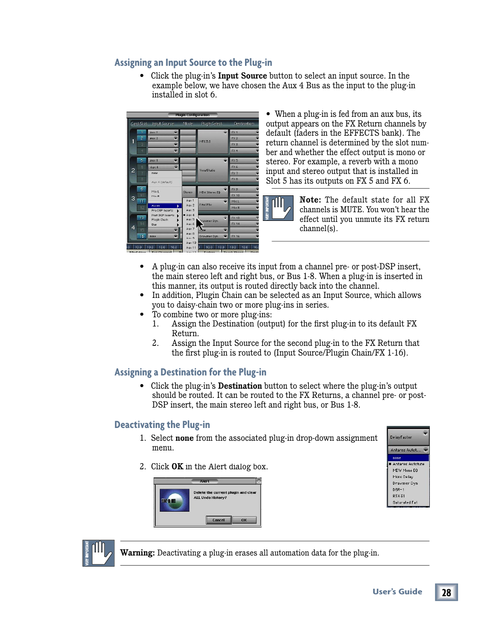 Assigning an input source to the plug-in, Assigning a destination for the plug-in, Deactivating the plug-in | MACKIE Pro Audio Lab User Manual | Page 28 / 36