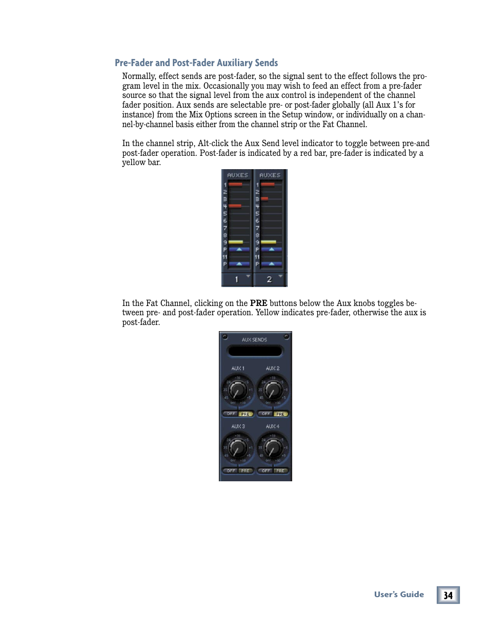 Pre-fader and post-fader auxiliary sends | MACKIE Pro Audio Lab User Manual | Page 34 / 36