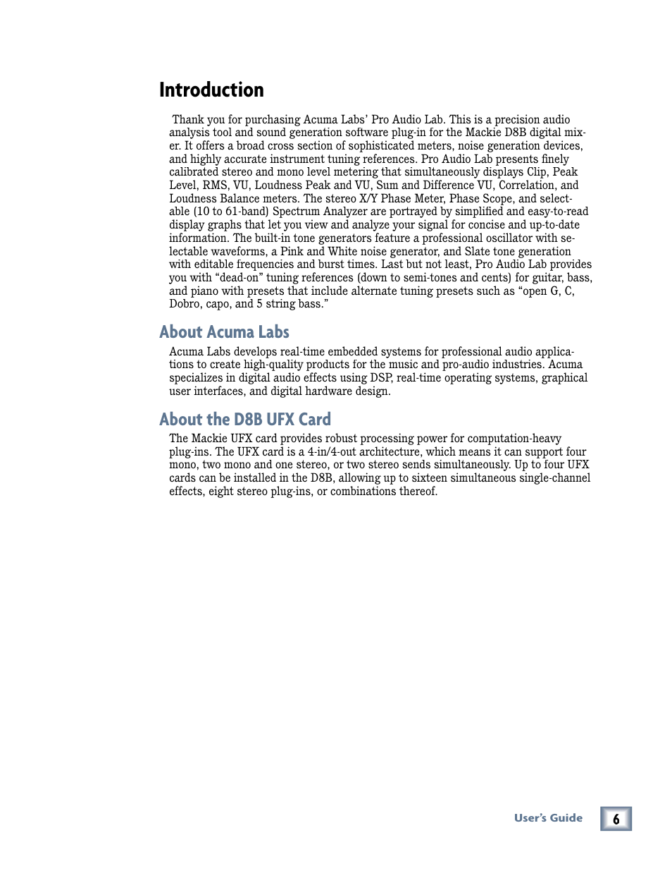 Introduction, About acuma labs, About the d8b ufx card | About acuma labs about the d8b ufx card | MACKIE Pro Audio Lab User Manual | Page 6 / 36