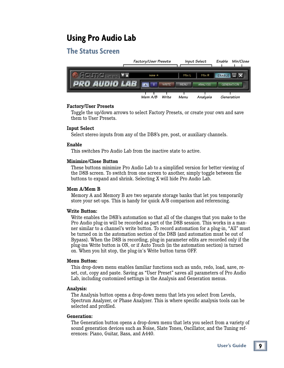Using pro audio lab, The status screen, Using pro audio lab the status screen | MACKIE Pro Audio Lab User Manual | Page 9 / 36