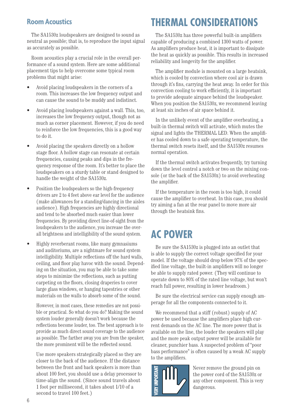 Room acoustics, Thermal considerations, Ac power | Thermal considerations ac power | MACKIE SA1530Z User Manual | Page 6 / 12