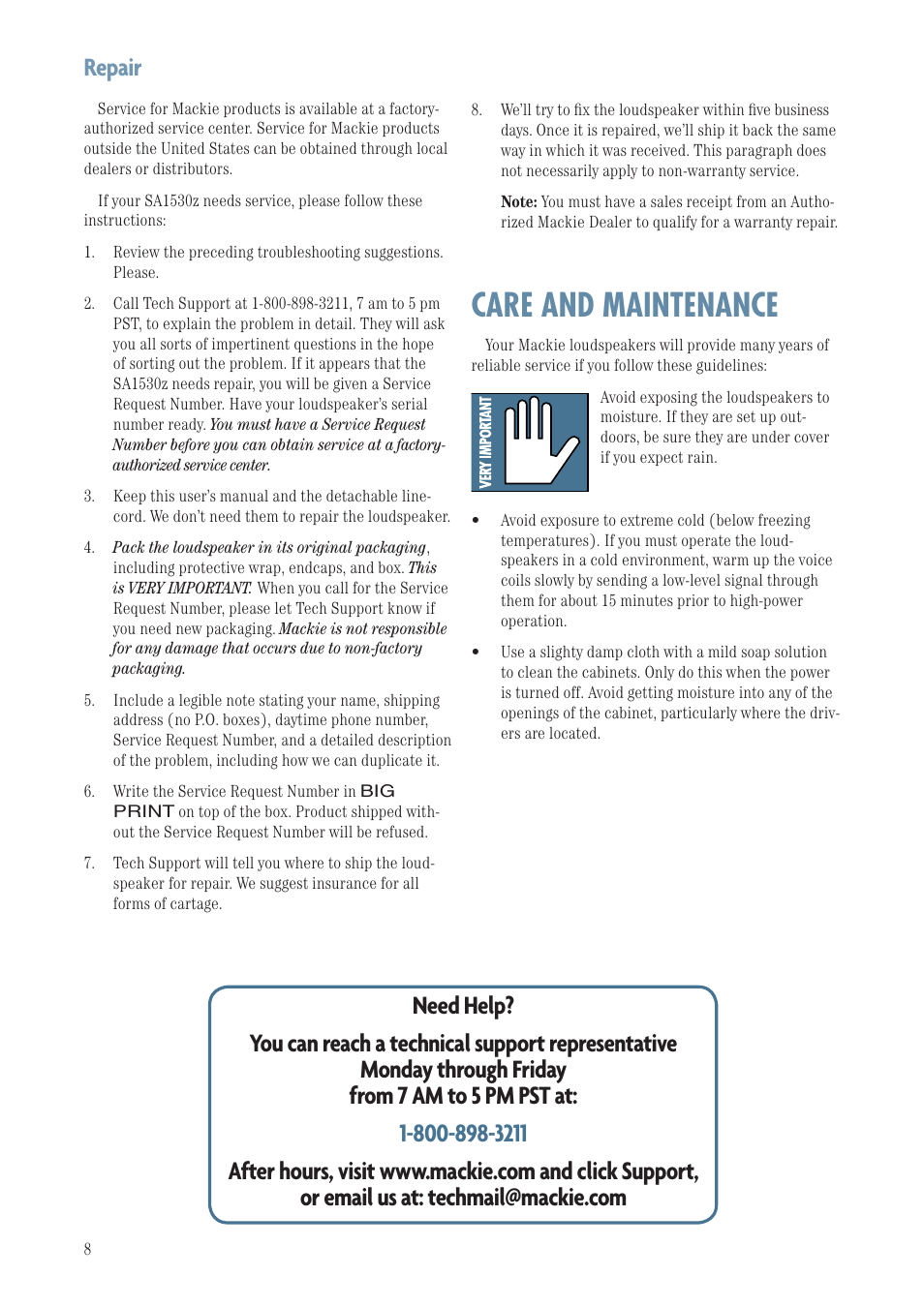 Repair, Care and maintenance | MACKIE SA1530Z User Manual | Page 8 / 12